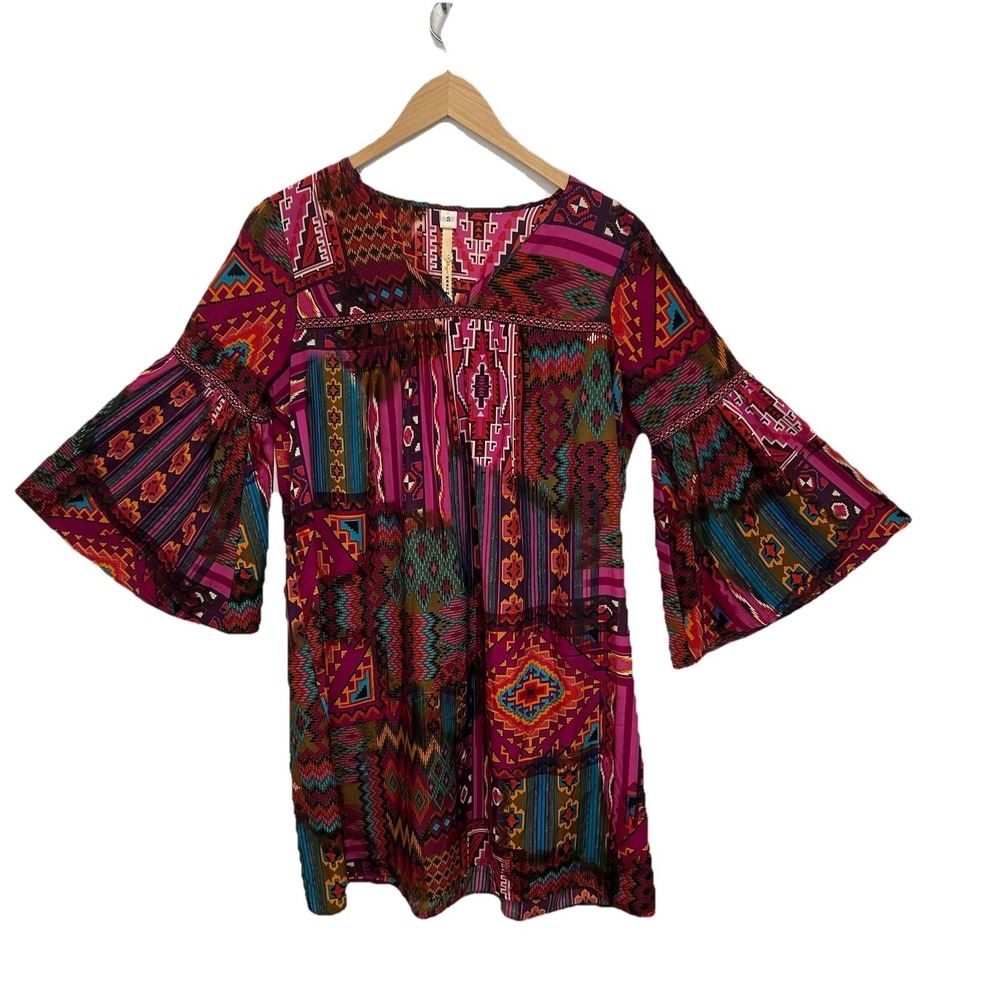 Uncle Frank Colorful Geometric Flare Sleeve Tunic Mini Dress Boho Hippie Size S